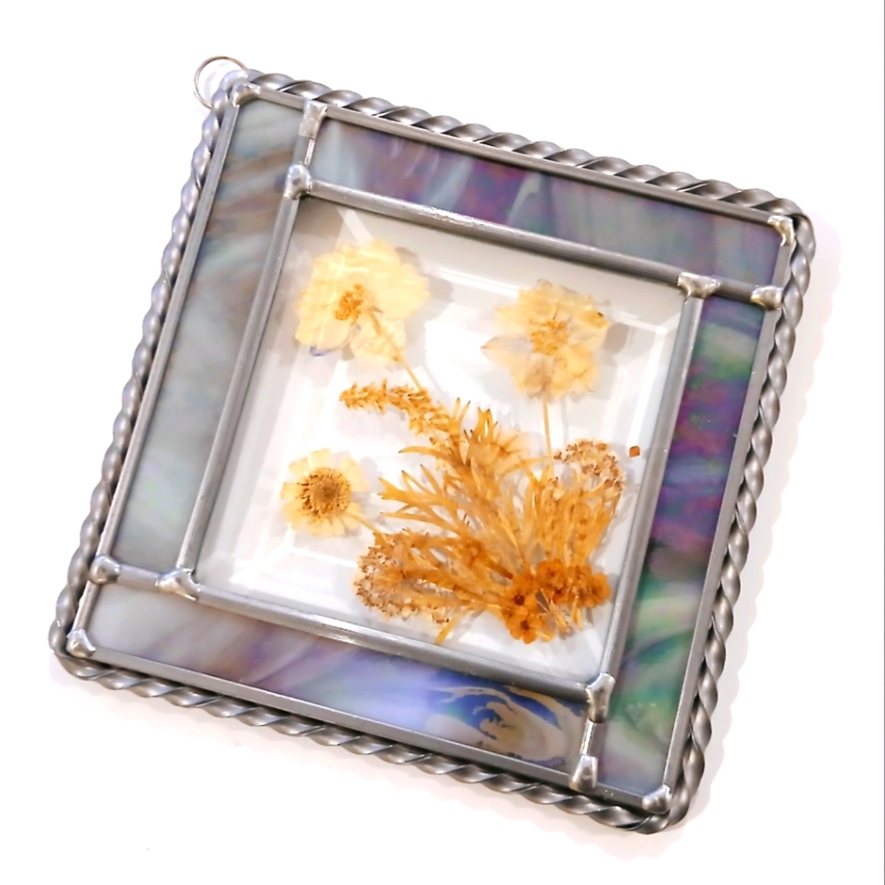 Vintage Dried Floral Stained Glass Wall  Window Hanging